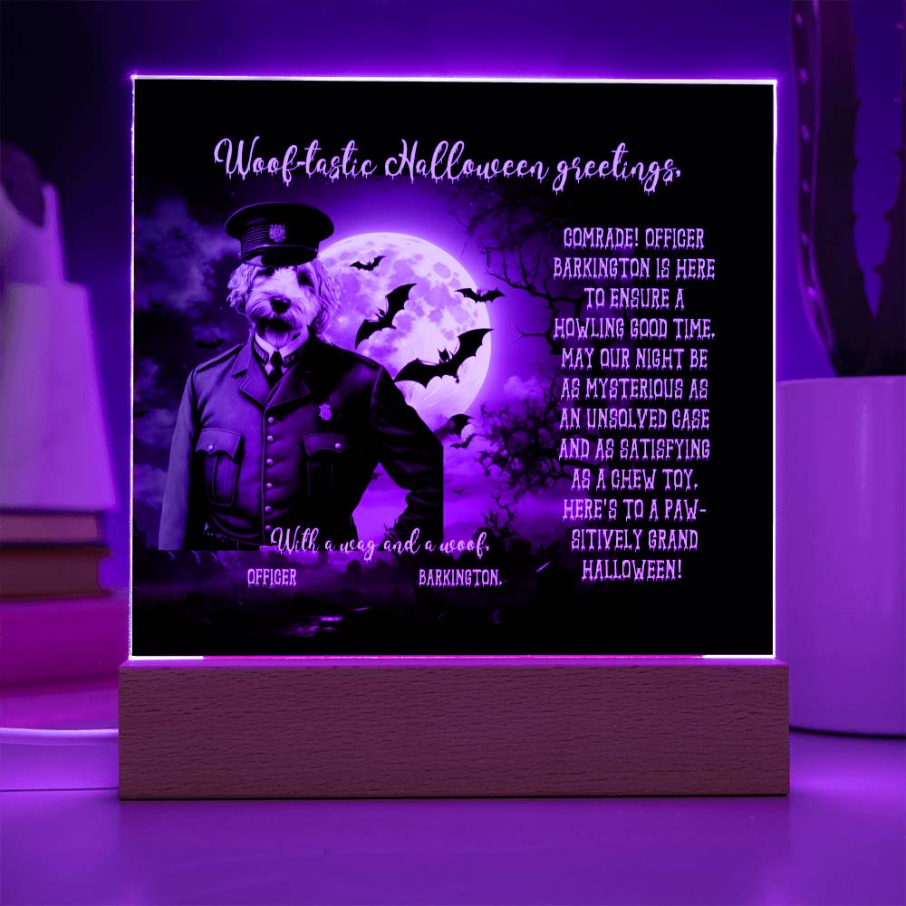 Personalized Halloween Acrylic Plaque for a Dog Mom, a Portrait of Your Dog Dressed Up as a Policeman with Customizable face. Funny and Sentimental Gift from a Husband, Children and Dog, a Table Home Décor Lamp.