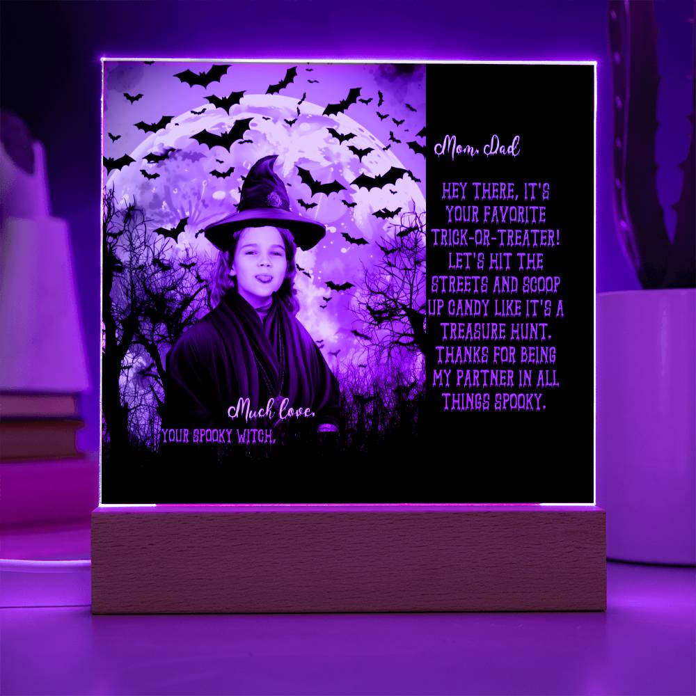 Personalized Halloween Acrylic Plaque for Mom, a Portrait of a Dressed Up in a Witch Costume Daughter with Both Funny and Sentimental Mirthful All Hallows' Eve Wishes . A  Table Home Décor Lamp, Gift from Husband and or Children