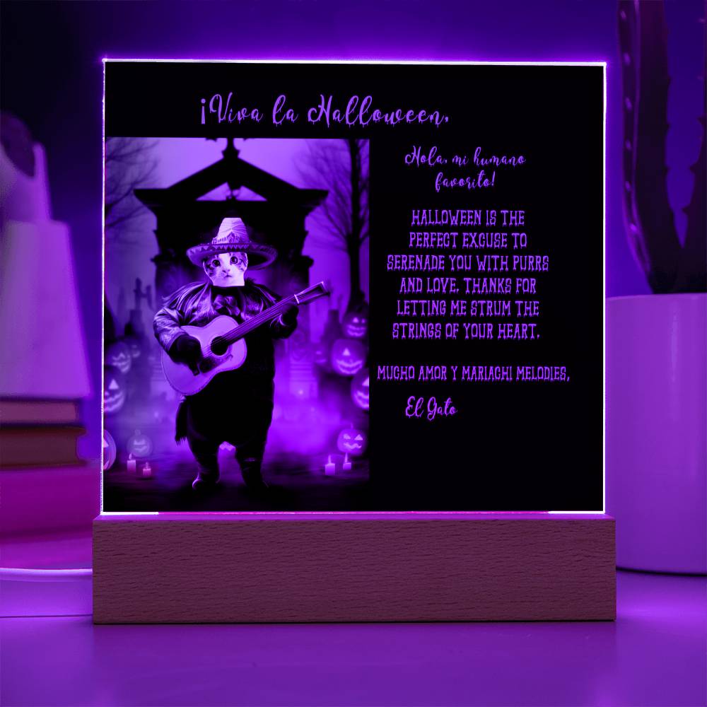 Personalized Halloween Acrylic Plaque for a Cat Mom, a Portrait of Your Cat Dressed Up in a Mariachi Costume with Customizable face. Funny and Sentimental Gift from a Husband and/or Children, a Table Home Décor Lamp.