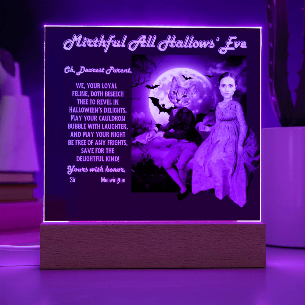 Personalized Halloween Acrylic Plaque for Cat Mom with Portrait of Dressed Up in a Historical Costumes with Cat's and Mom's faces. Funny and Sentimental “Mirthful All Hallows' Eve” Wishes. A Table Home Décor Lamp, Gift from Husband, Children and Cat.