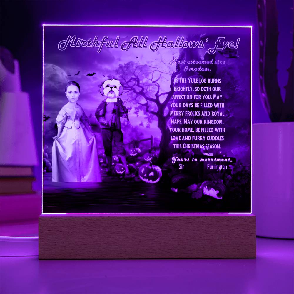 Personalized Halloween Acrylic Plaque for a Dog Mom with a Portrait of a Dressed Up in Early XX Century Costume with Customizable Dog and Mom faces. Funny and Sentimental Halloween Wishes . A Table Home Décor Lamp, Gift from Husband and or Children.