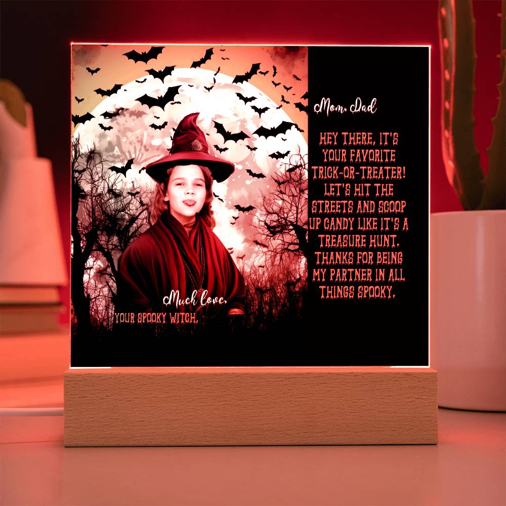 Personalized Halloween Acrylic Plaque for Mom, a Portrait of a Dressed Up in a Witch Costume Daughter with Both Funny and Sentimental Mirthful All Hallows' Eve Wishes . A  Table Home Décor Lamp, Gift from Husband and or Children