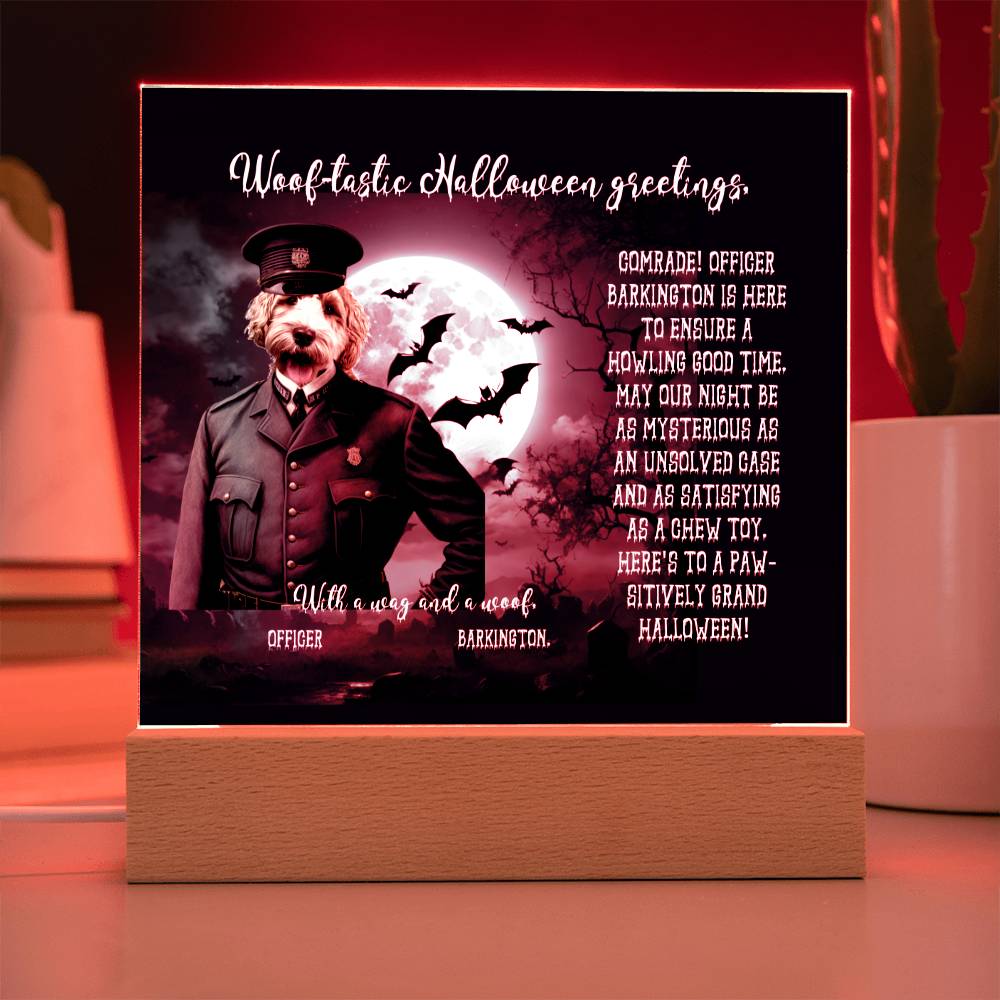 Personalized Halloween Acrylic Plaque for a Dog Mom, a Portrait of Your Dog Dressed Up as a Policeman with Customizable face. Funny and Sentimental Gift from a Husband, Children and Dog, a Table Home Décor Lamp.