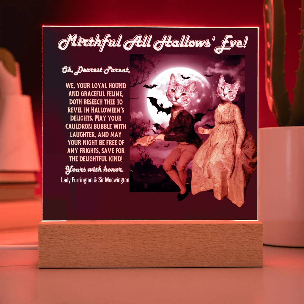 2 cat acrylic plaque portrait for cat mom dad from husband children. Funny, heartfelt, in old English, Halloween wishes from female male cat.