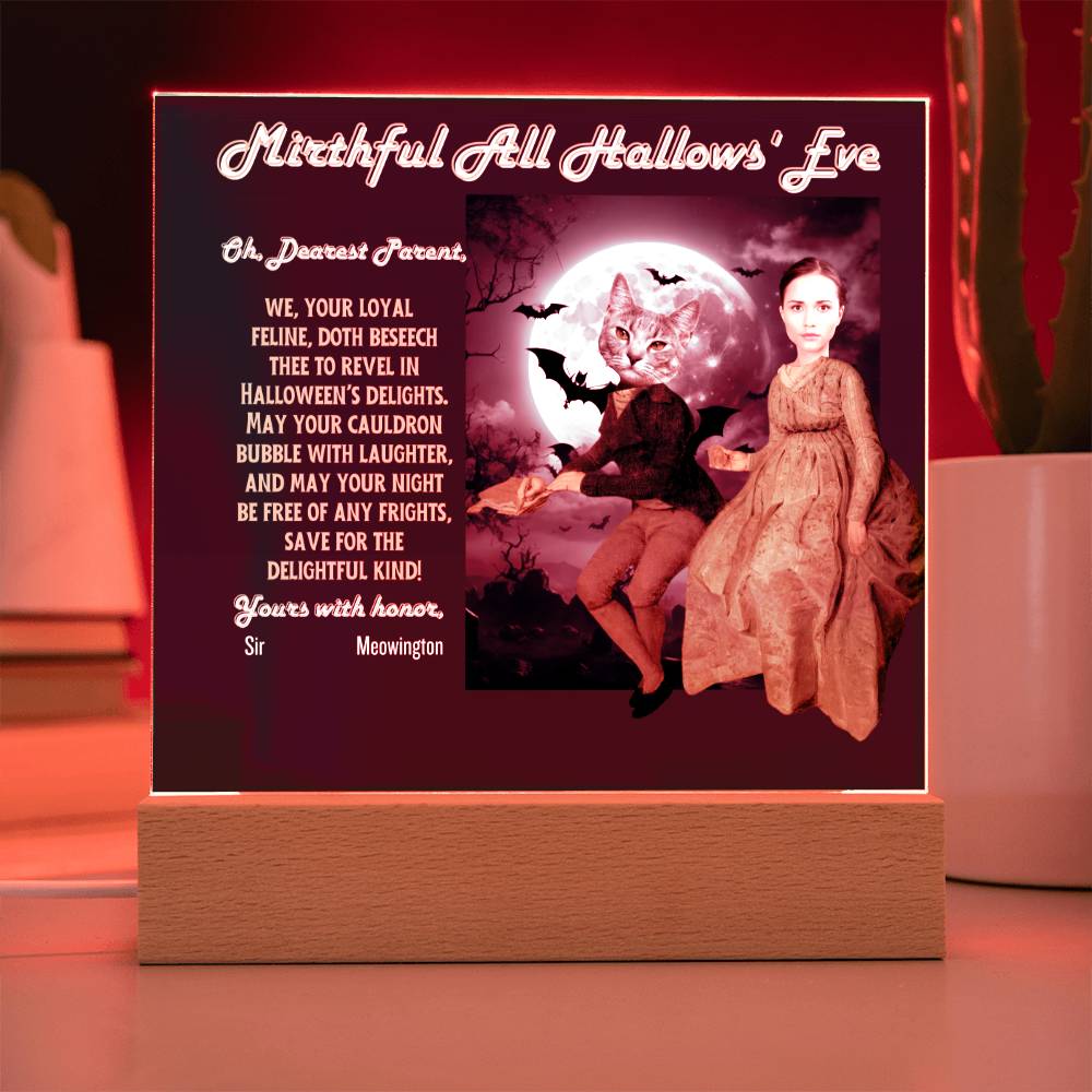 Personalized Halloween Acrylic Plaque for Cat Mom with Portrait of Dressed Up in a Historical Costumes with Cat's and Mom's faces. Funny and Sentimental “Mirthful All Hallows' Eve” Wishes. A Table Home Décor Lamp, Gift from Husband, Children and Cat.