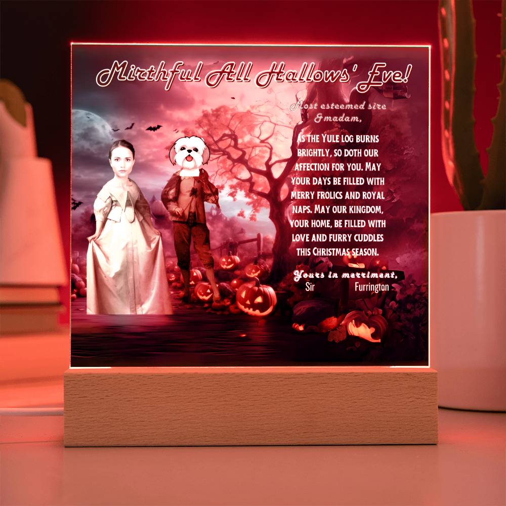 Personalized Halloween Acrylic Plaque for a Dog Mom with a Portrait of a Dressed Up in Early XX Century Costume with Customizable Dog and Mom faces. Funny and Sentimental Halloween Wishes . A Table Home Décor Lamp, Gift from Husband and or Children.