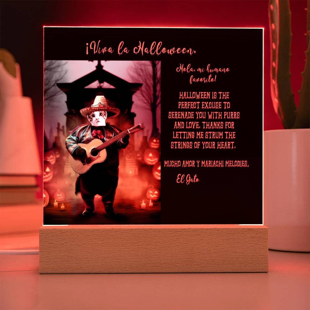 Personalized Halloween Acrylic Plaque for a Cat Mom, a Portrait of Your Cat Dressed Up in a Mariachi Costume with Customizable face. Funny and Sentimental Gift from a Husband and/or Children, a Table Home Décor Lamp.