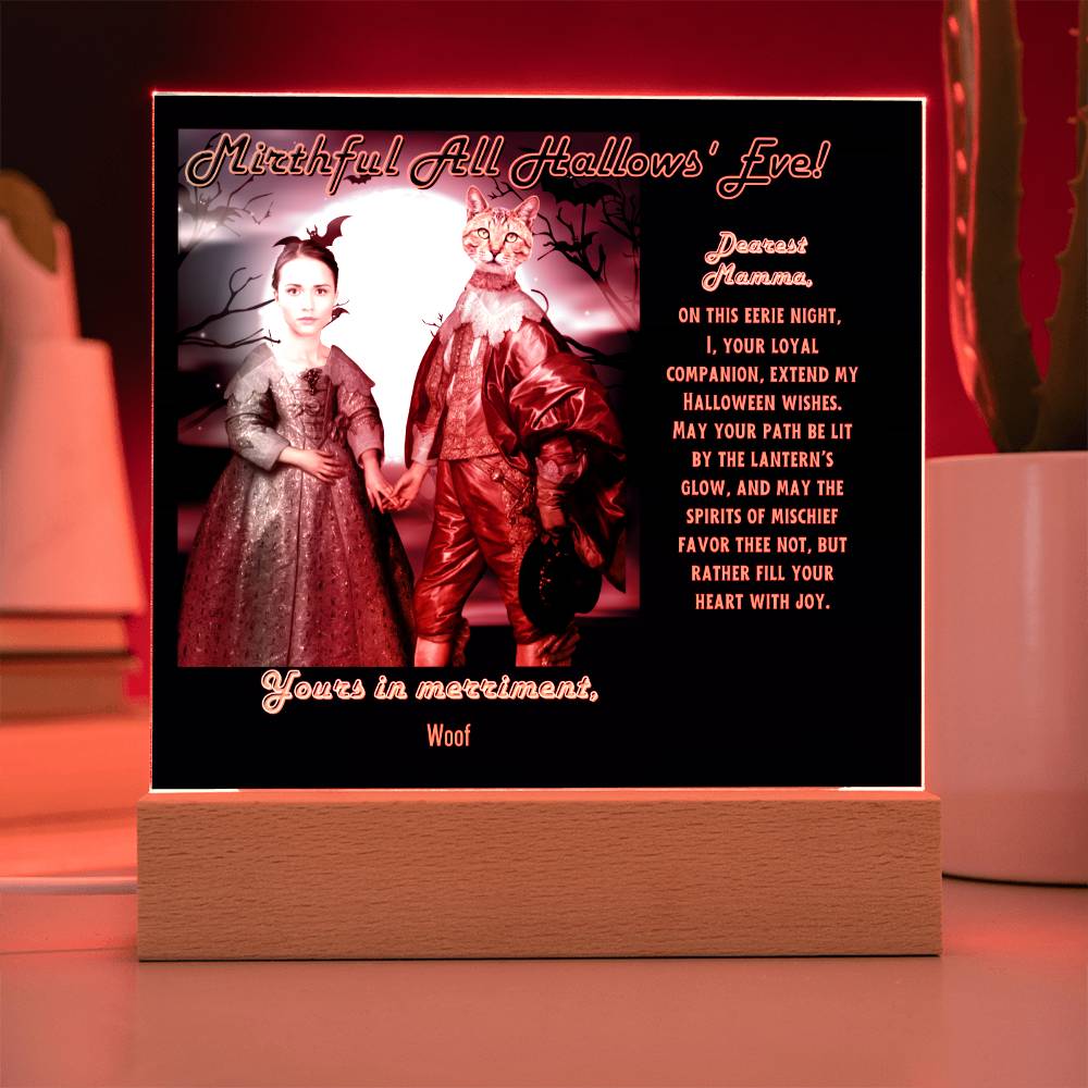 Personalized Halloween Acrylic Plaque for Cat Mom with Portrait of Dressed Up in a Historical Costumes with Cat's and Mom's faces. Funny and Sentimental “Mirthful All Hallows' Eve” Wishes. A Table Home Décor Lamp, Gift from Husband, Children and Cat.