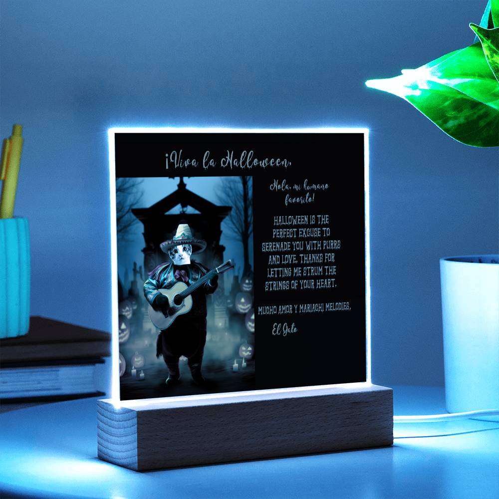 Personalized Halloween Acrylic Plaque for a Cat Mom, a Portrait of Your Cat Dressed Up in a Mariachi Costume with Customizable face. Funny and Sentimental Gift from a Husband and/or Children, a Table Home Décor Lamp.