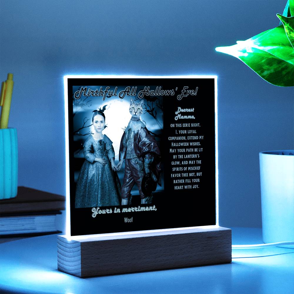 Personalized Halloween Acrylic Plaque for Cat Mom with Portrait of Dressed Up in a Historical Costumes with Cat's and Mom's faces. Funny and Sentimental “Mirthful All Hallows' Eve” Wishes. A Table Home Décor Lamp, Gift from Husband, Children and Cat.