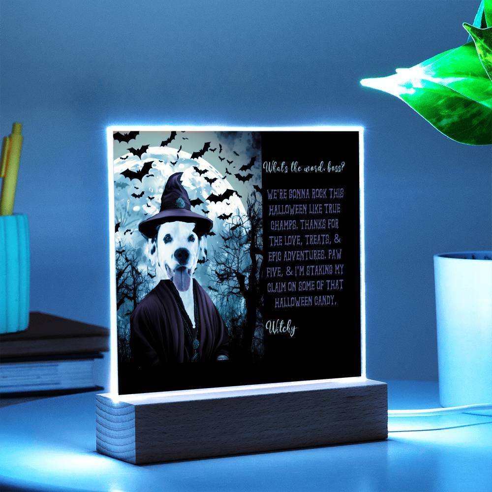 Personalized Halloween Acrylic Plaque for a Dog Mom with Funny and Sentimental message, a Dressed Up as a Witch Dog Portrait with Customizable Dog Face. A Table Home Décor Lamp, Gift from Husband and or Children