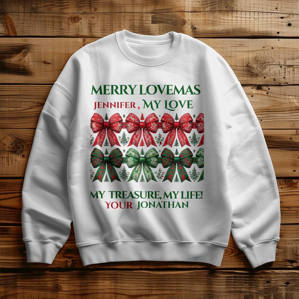 Customized Christmas sweatshirt for girlfriend funny coquette custom names white crewneck bow wife shirt cute chinoiserie sweater love gift