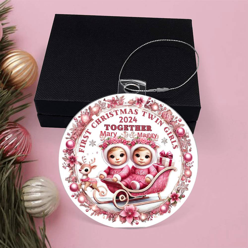 Custom Gift For Twin Girls First Christmas Ornament for Newborn Babies With Their Names Year Holiday Tree Acrylic Plaque Family Keepsake