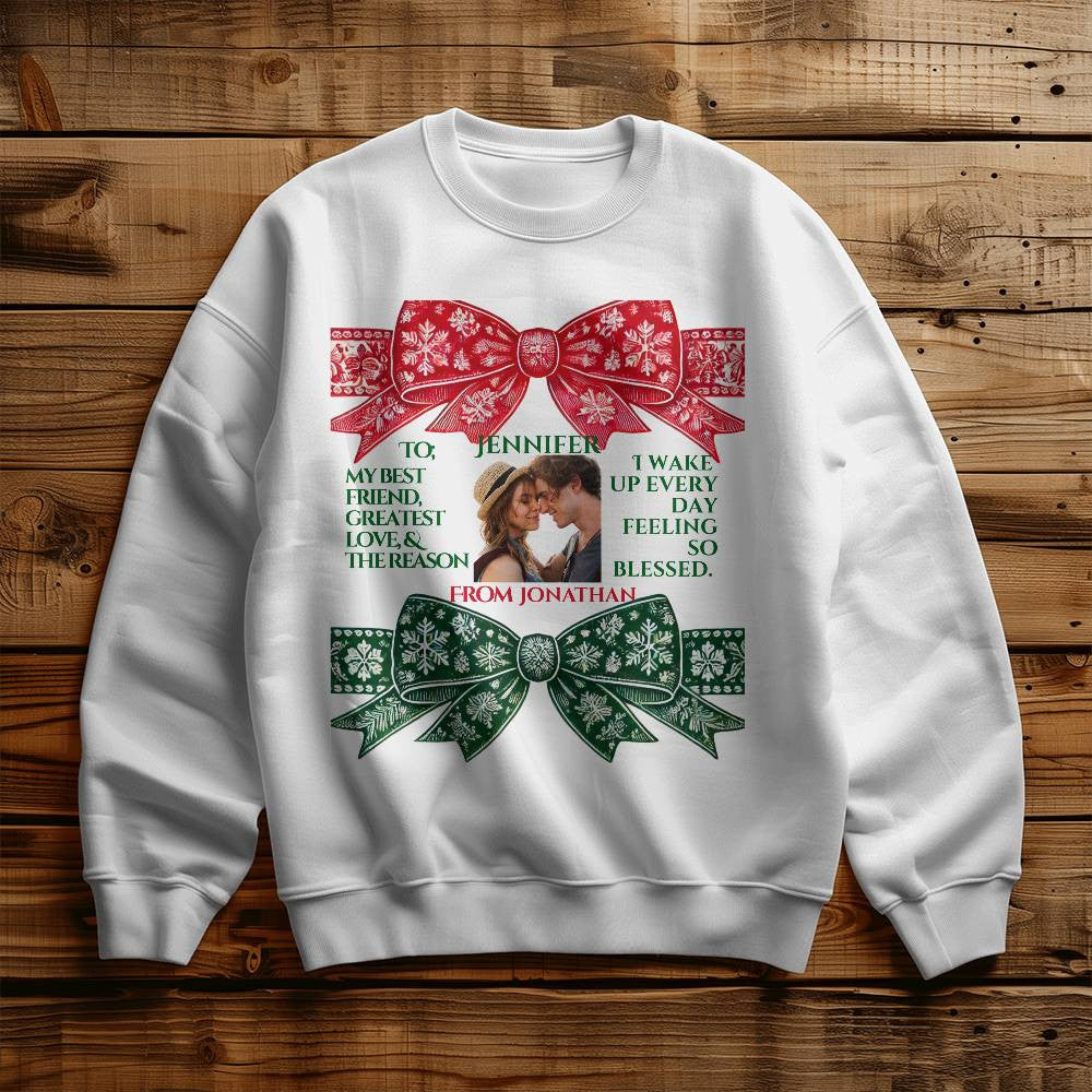 Customized Christmas sweatshirt for girlfriend funny coquette custom names white crewneck bow wife shirt cute chinoiserie sweater love gift