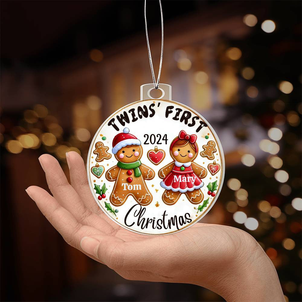 Custom Ornament For Twin Girl Boy First Christmas Babies Custom Son Daughter Names Year Holiday Keepsake Family Gingerbread Tree Acrylic