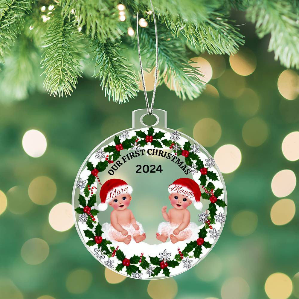 Custom Gift For Twin Girls First Christmas Ornament for Newborn Babies With Their Names Year Holiday Tree Acrylic Plaque Family Keepsake
