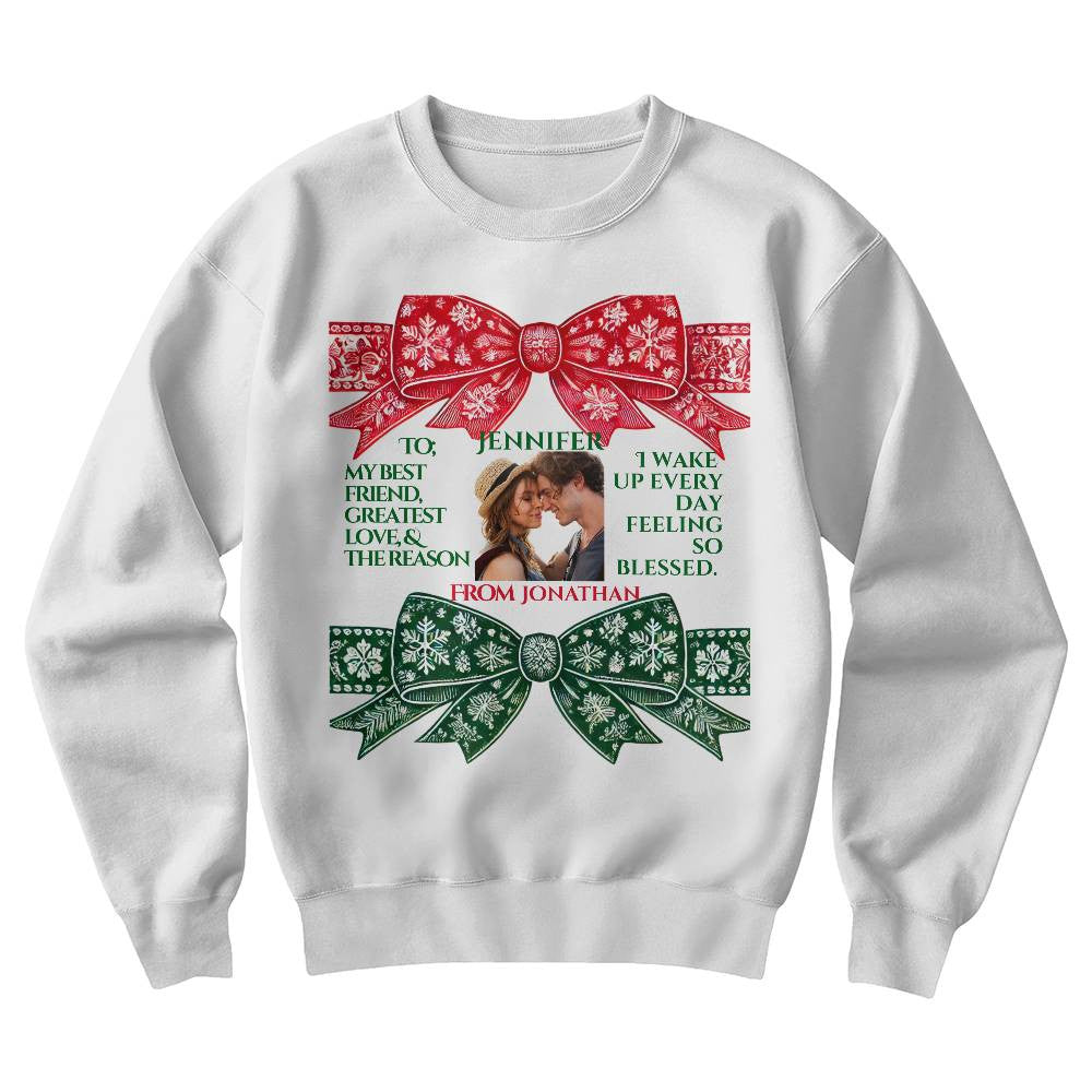 Personalized Christmas sweatshirt for wife coquette custom photo names white crewneck bow shirt for girlfriend cute winter sweater love gift