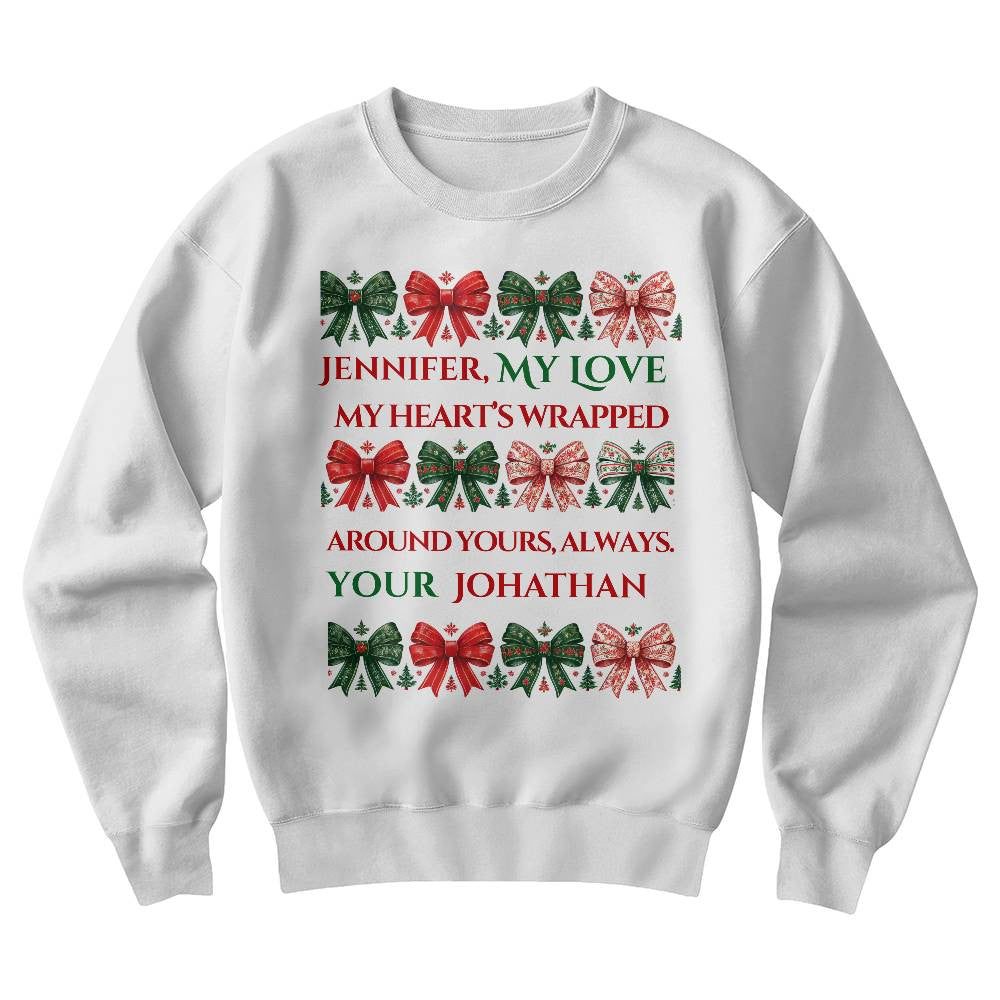 Personalized Christmas sweatshirt for wife funny coquette custom names white crewneck bow shirt for girlfriend cute winter sweater love gift