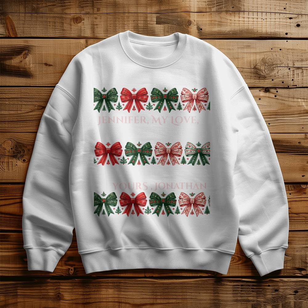 Customized Christmas sweatshirt for girlfriend funny coquette custom names white crewneck bow wife shirt cute chinoiserie sweater love gift