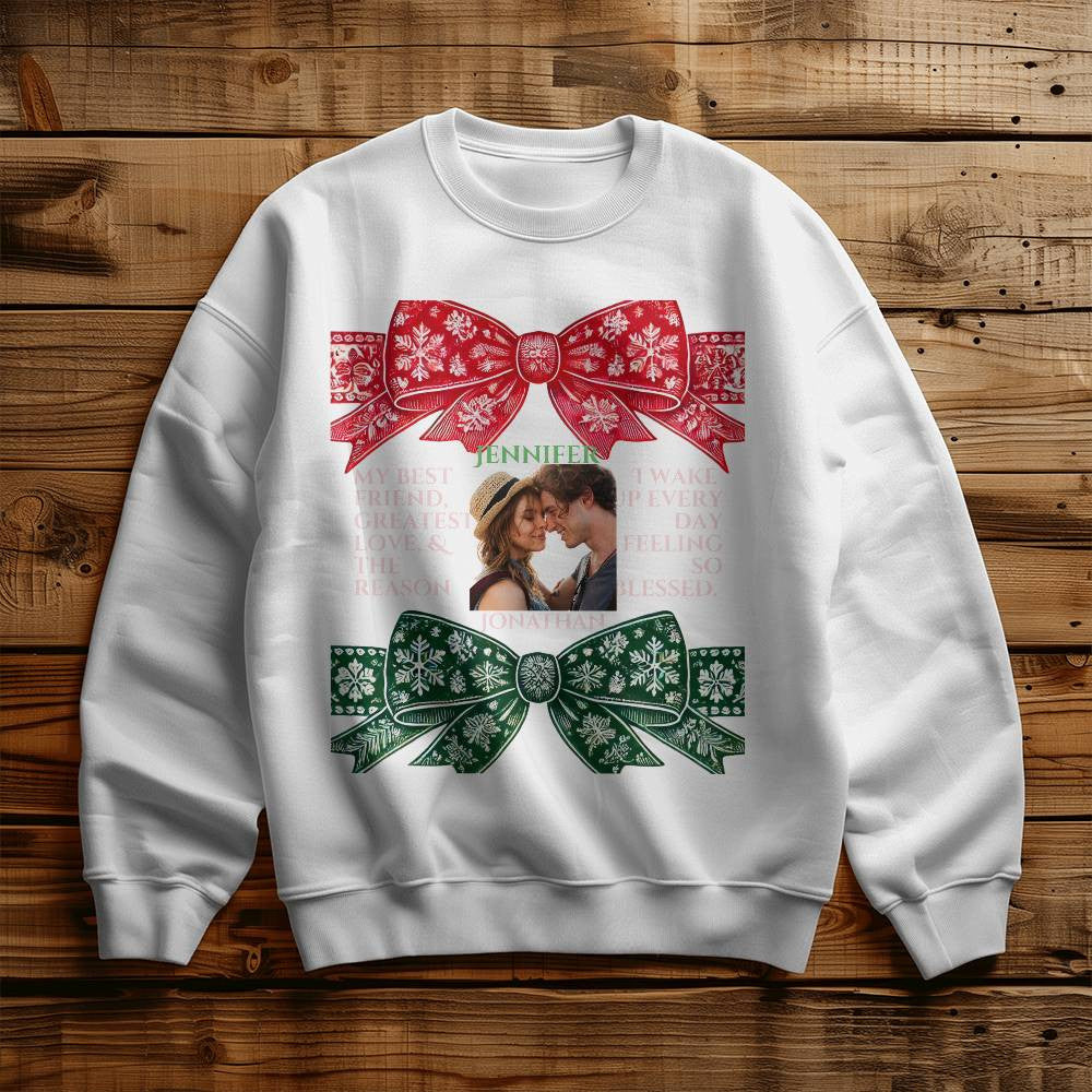 Customized Christmas sweatshirt for girlfriend funny coquette custom names white crewneck bow wife shirt cute chinoiserie sweater love gift