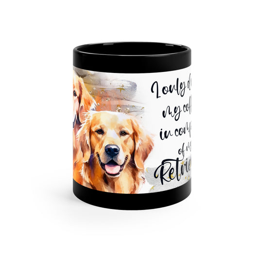 11oz Black Mug, golden retriever dogs: mom, grandma, daughter, dad, granddad, son, grandson / daughter.