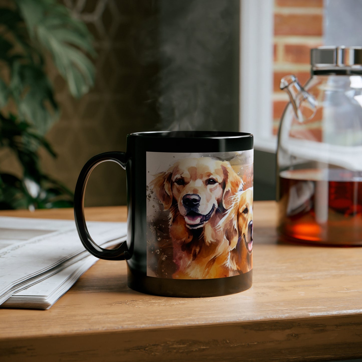 11oz Black Mug, golden retriever dogs: mom, grandma, daughter, dad, granddad, son, grandson / daughter.