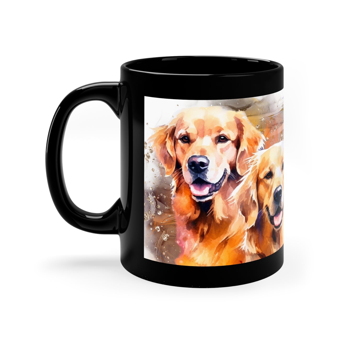 11oz Black Mug, golden retriever dogs: mom, grandma, daughter, dad, granddad, son, grandson / daughter.