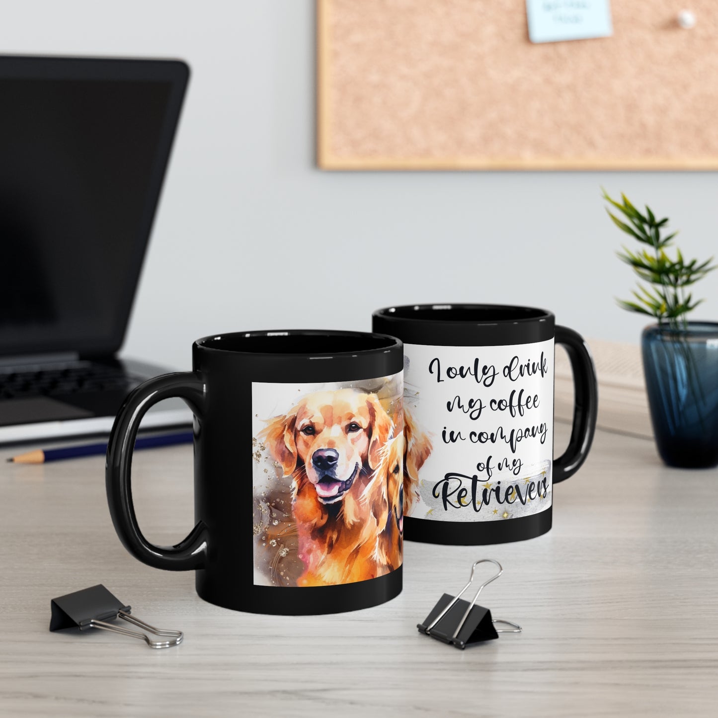 11oz Black Mug, golden retriever dogs: mom, grandma, daughter, dad, granddad, son, grandson / daughter.